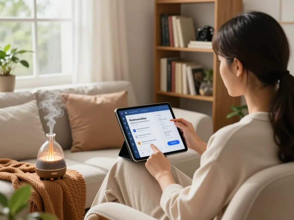Engaged individual exploring ai sex app in a serene home office, emphasizing personal well-being.