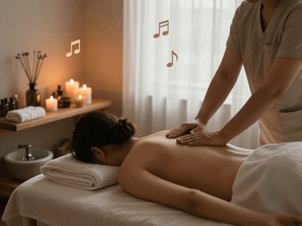 Therapist performing 송파출장마사지 in a calming wellness room with candles and soothing elements.