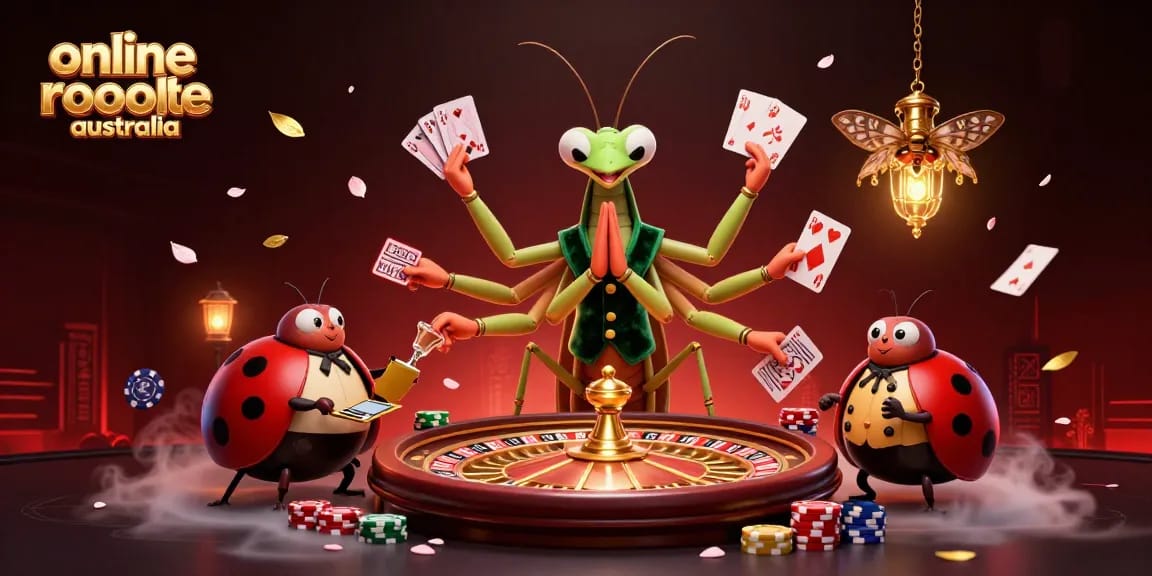 Experience thrilling online roulette Australia with our vibrant, animated casino illustration featuring iconic game elements.