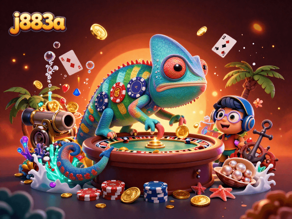 Experience thrilling games at j883a with a chameleon casino owner surrounded by riches and vibrant colors
