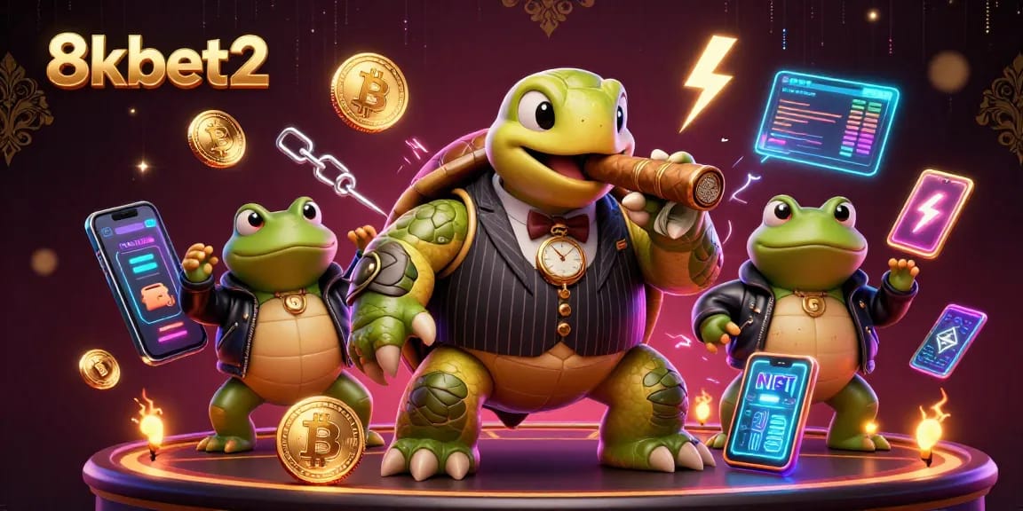 Join the action at 8kbet2 with a vibrant scene featuring a mobster turtle and crypto coins.