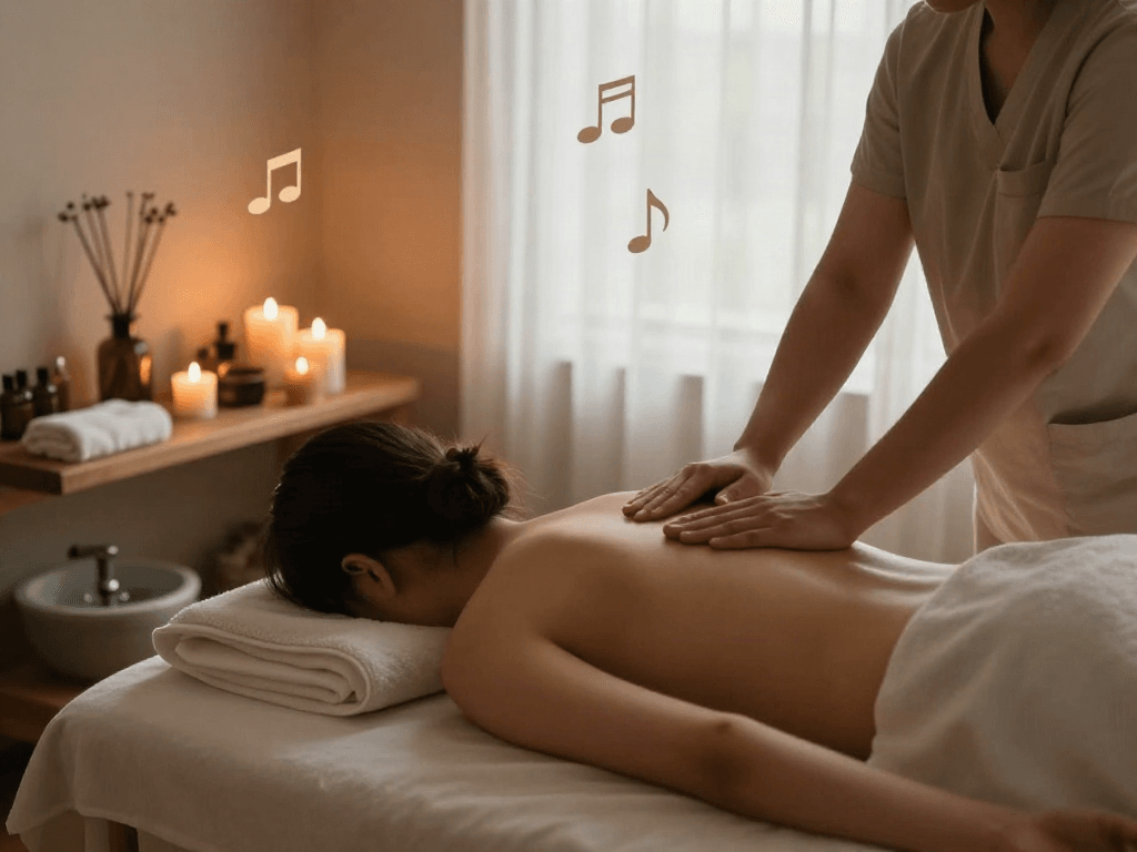 Therapist performing 송파출장마사지 in a calming wellness room with candles and soothing elements.