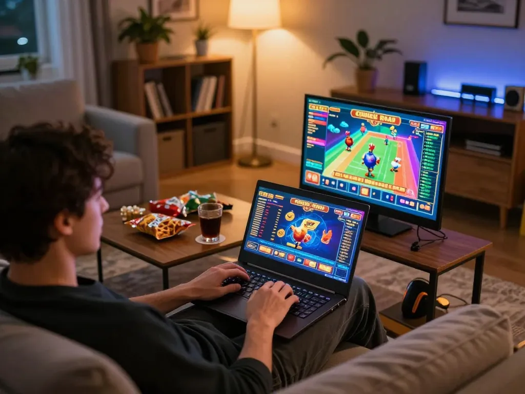 Coinvolgente scena di gioco nei casinò online con recensioni chicken road e visuali vivaci sullo schermo del laptop
