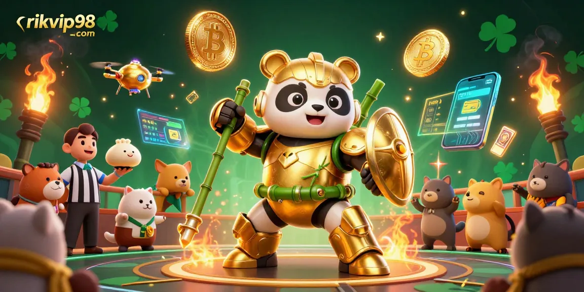 Experience exciting gaming at rikvip98 com, featuring a golden panda in a mech-suit, battling with crypto elements.