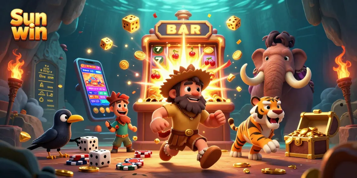 Play exciting games at Sun win while a caveman and tiger celebrate jackpots.