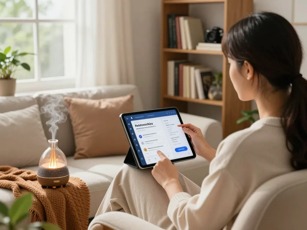 Engaged individual exploring ai sex app in a serene home office, emphasizing personal well-being.