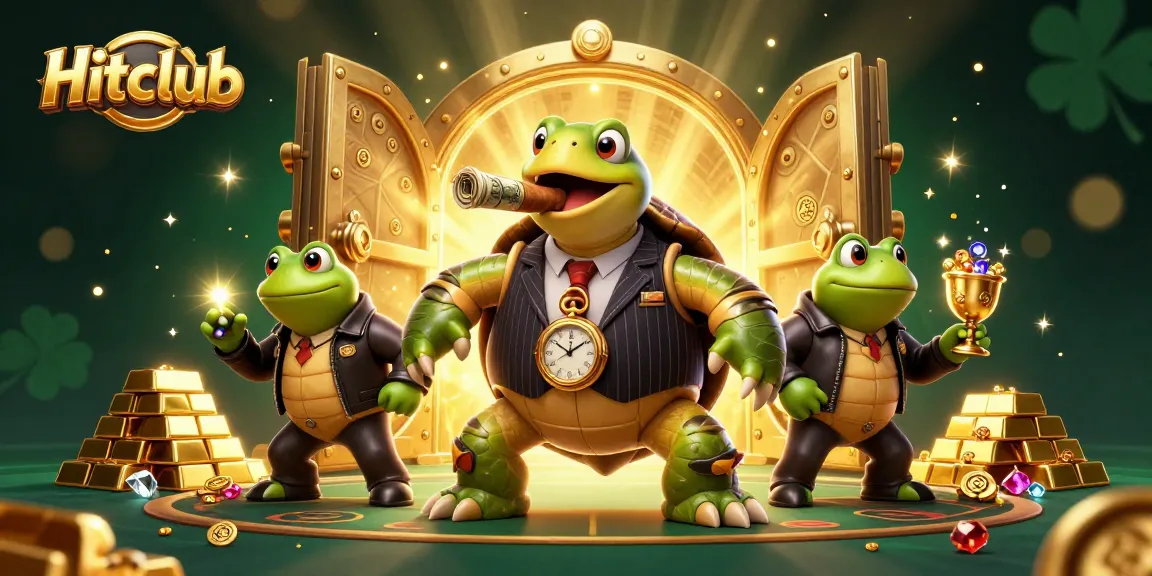 Hitclub showcases thrilling gaming with a mobster turtle and bullfrog enforcers amidst treasure.