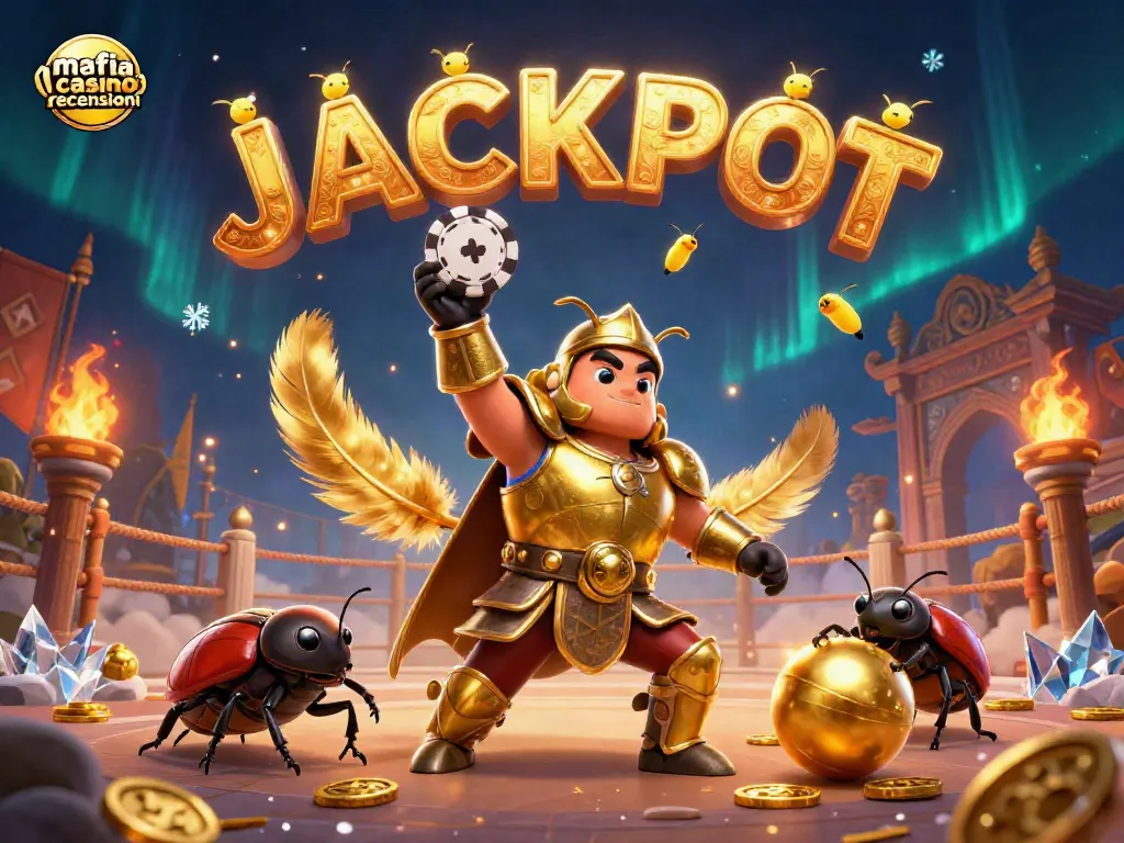 Mafia casino recensioni: A triumphant hercules beetle showcases victory in a vibrant, detailed casino atmosphere.