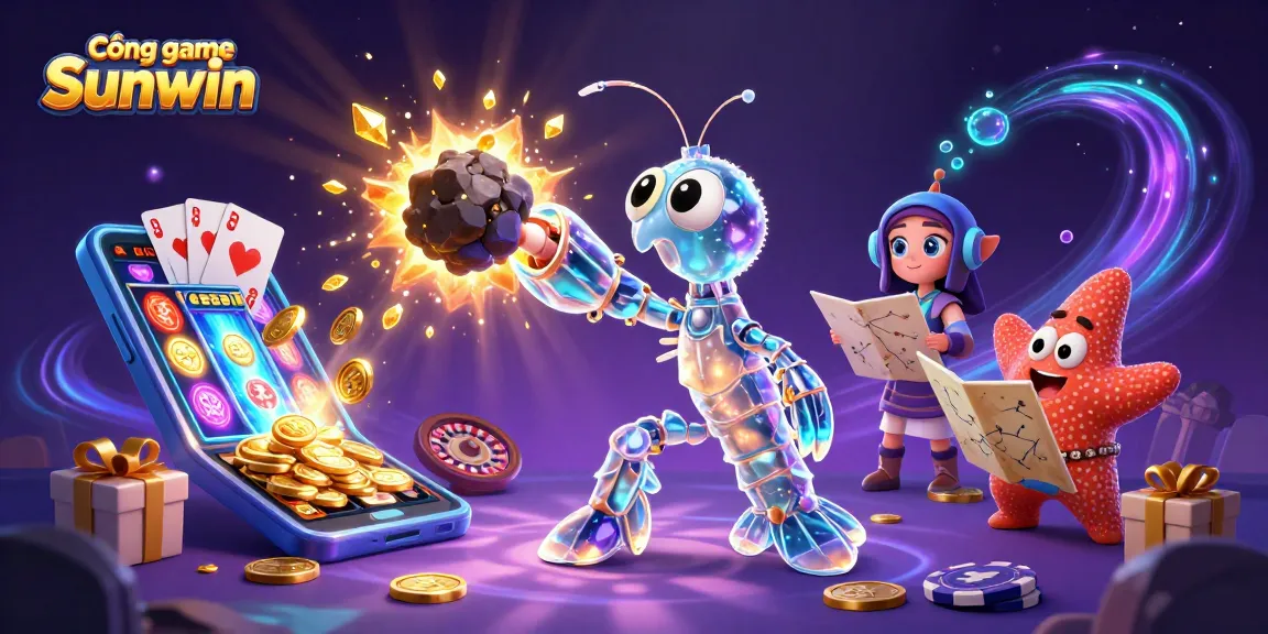 Cổng game Sunwin features a vibrant 3D scene with characters displaying dynamic gameplay and colorful slot games.