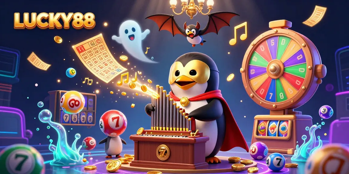 LUCKY88 showcases a lively casino scene with a penguin organist, golden coins, and vibrant game elements.