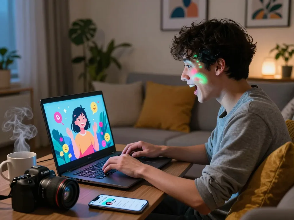 Engaging character AI NSFW conversation on a laptop, showcasing an excited user in a cozy home setting.