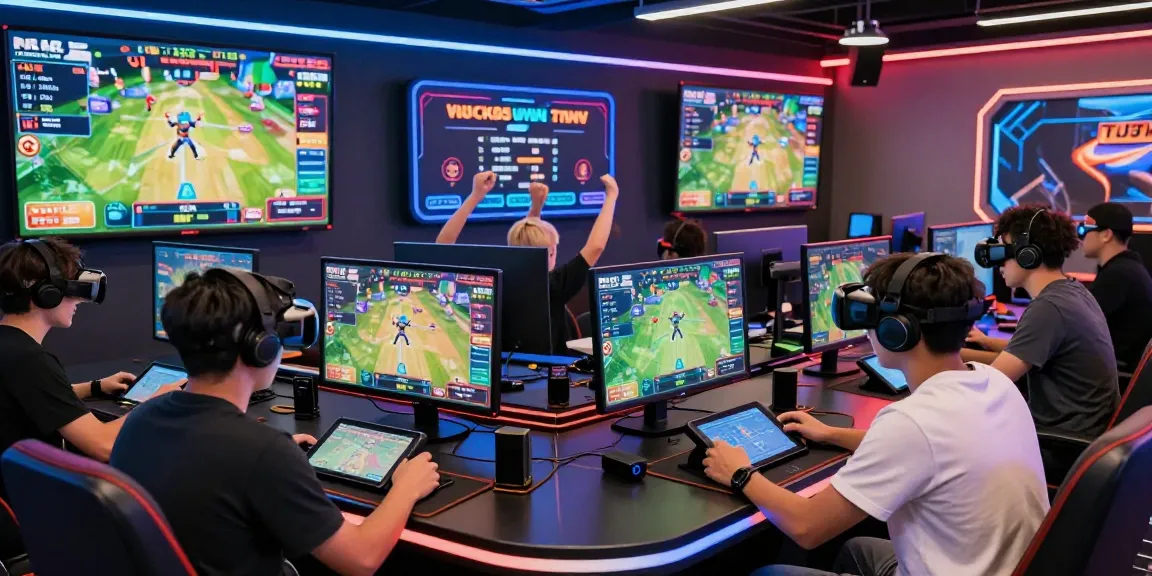 Group of players engaged in exciting gaming at https://rokok88.com with vibrant screens and immersive atmosphere.