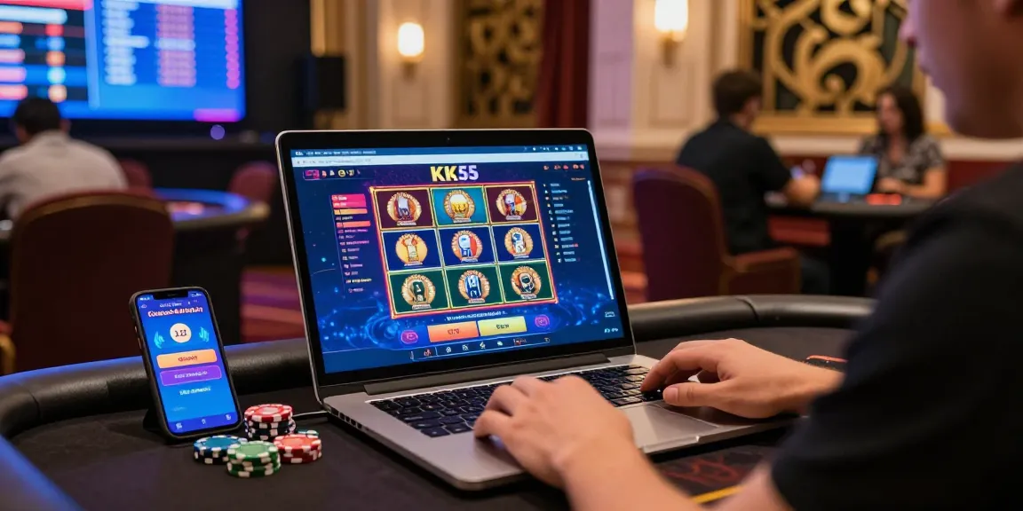 Dynamic online gaming experience with KK55 platform interface at a stylish desk.
