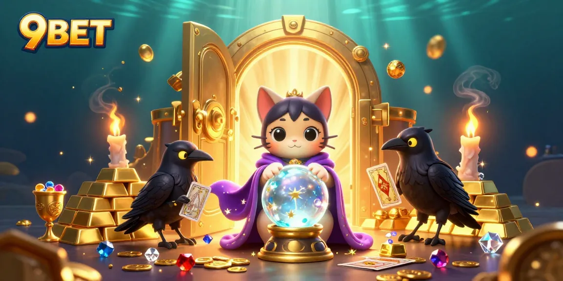 Experience the magic of 9BET with a mystic cat, glowing raven, and treasures in a vibrant casino scene.