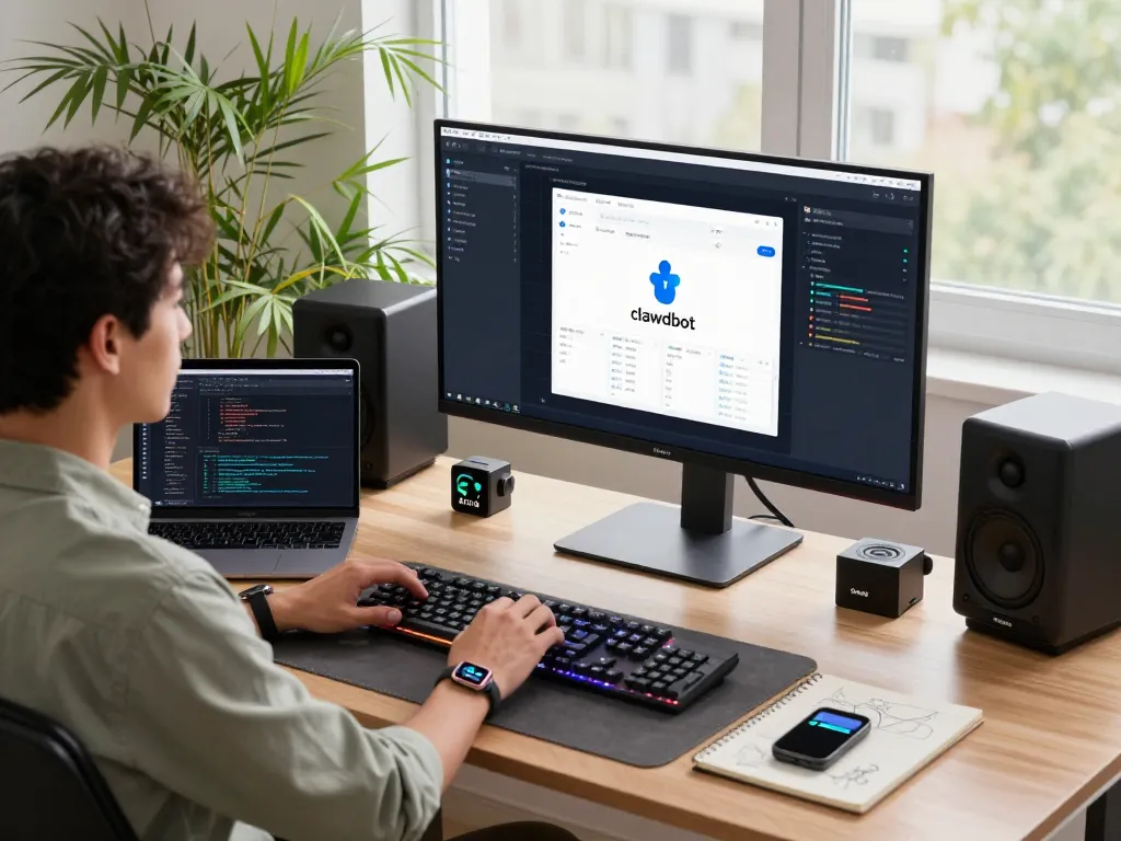 Developer using clawdbot in a modern home office setup with tech gadgets and bright lighting.