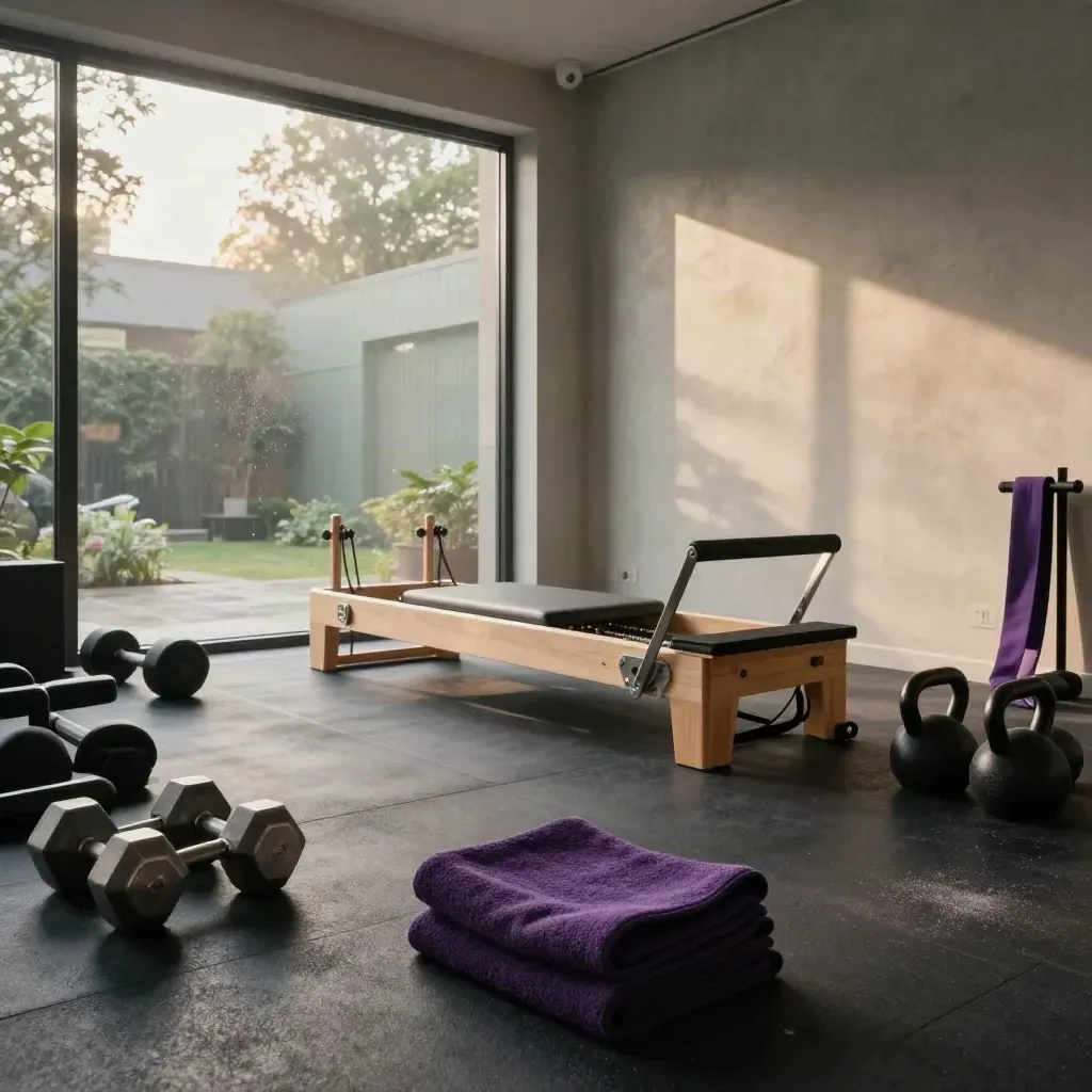 Sala fitness boutique con reformer, pesi e fasci di luce all’alba dopo la pioggia.