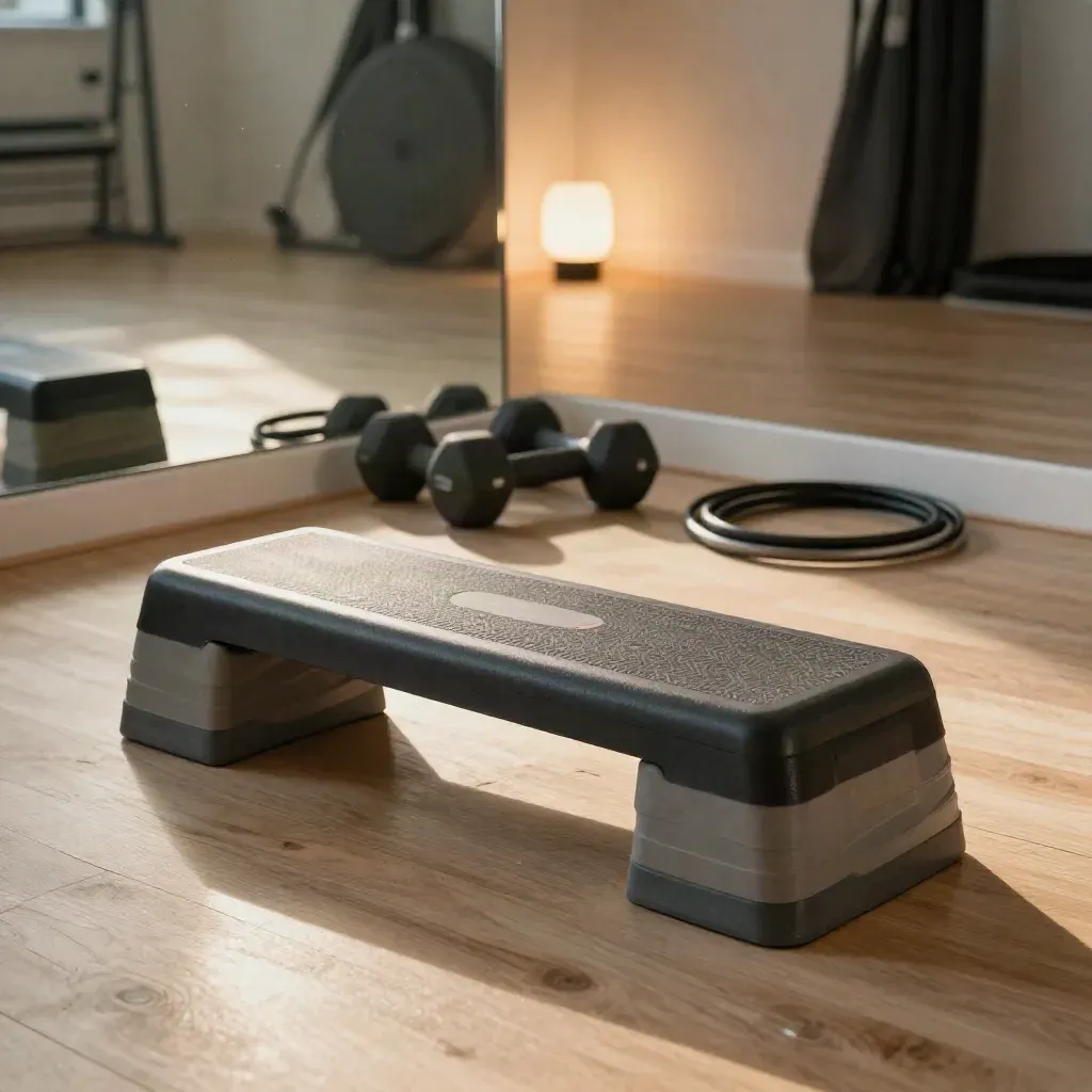 Angolo fitness con step, cavigliere, elastico glutei e manubri su parquet chiaro
