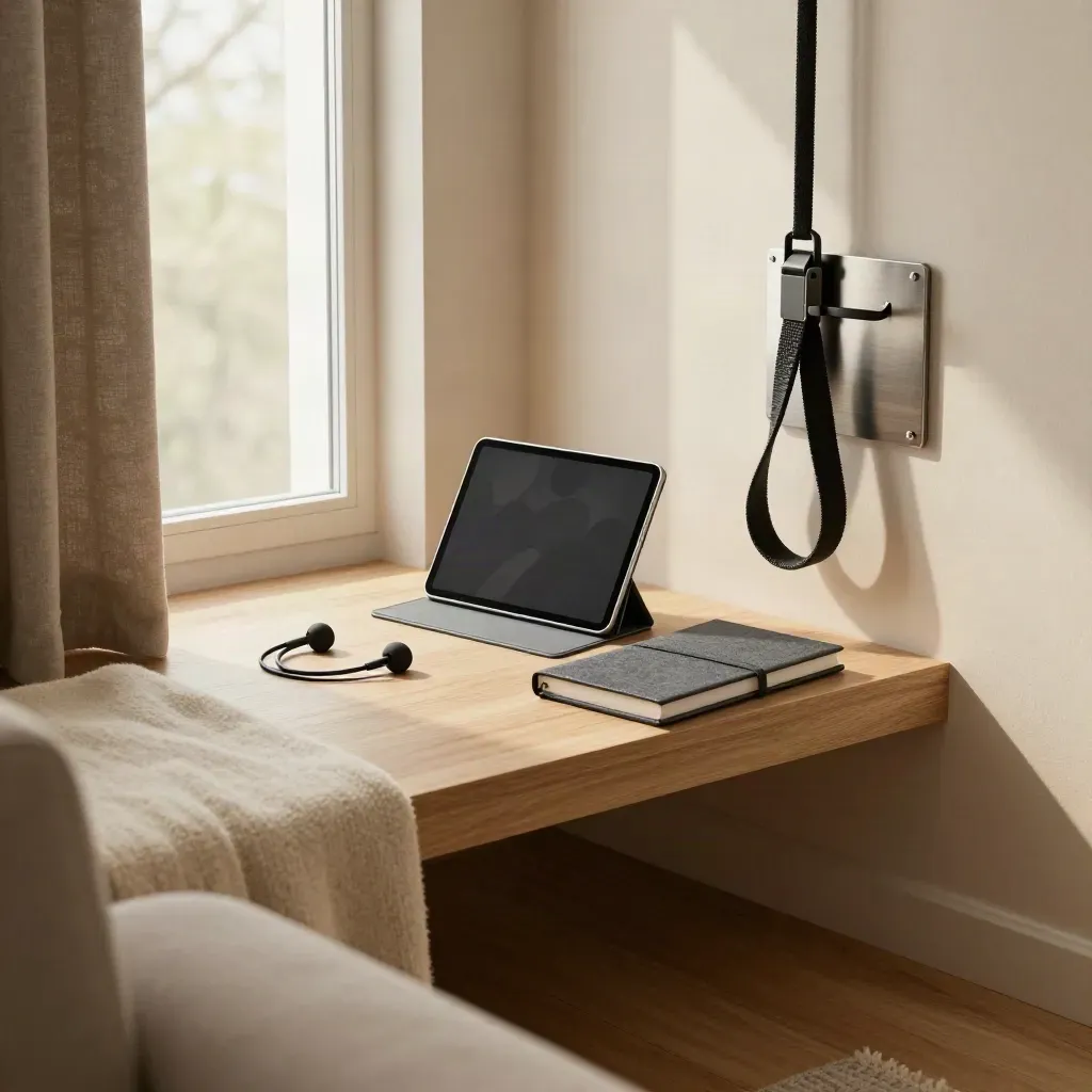 Angolo fitness domestico ordinato con tablet, cuffie, quaderno chiuso e banda elastica al muro.