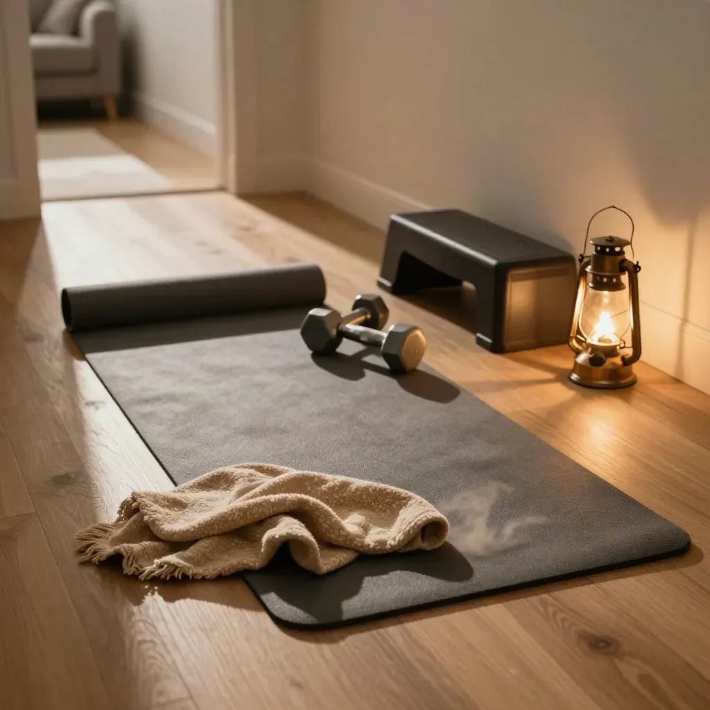 Angolo living con tappetino, manubri, coperta, step e lampada calda per allenamento serale