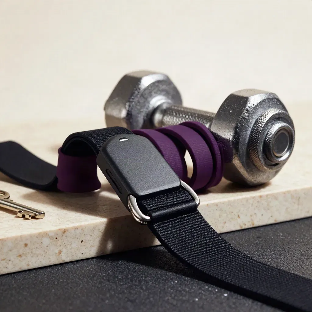 Cinghia cardio, chiave palestra, loop band e manubrio su tappetino in gomma scura.