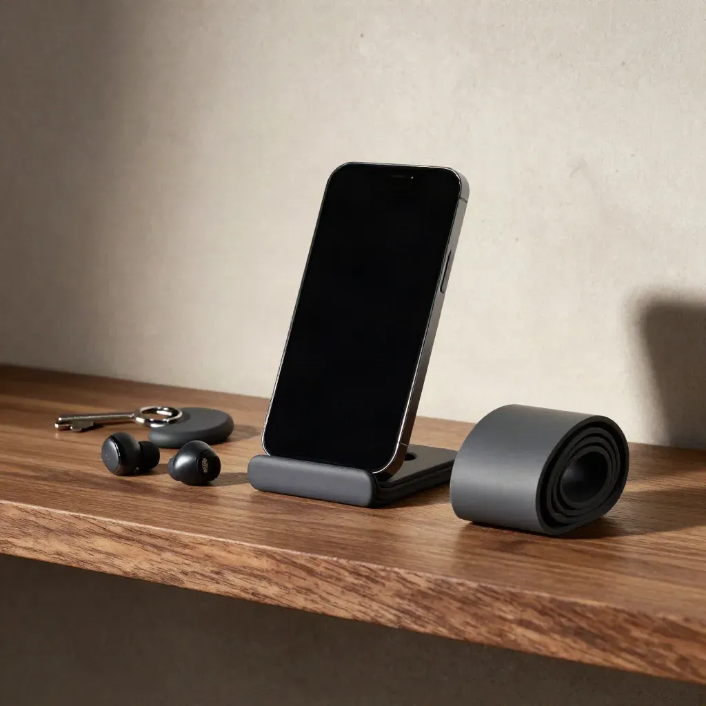 Smartphone, auricolari e fascia elastica su supporto scuro, con luce drammatica da studio.