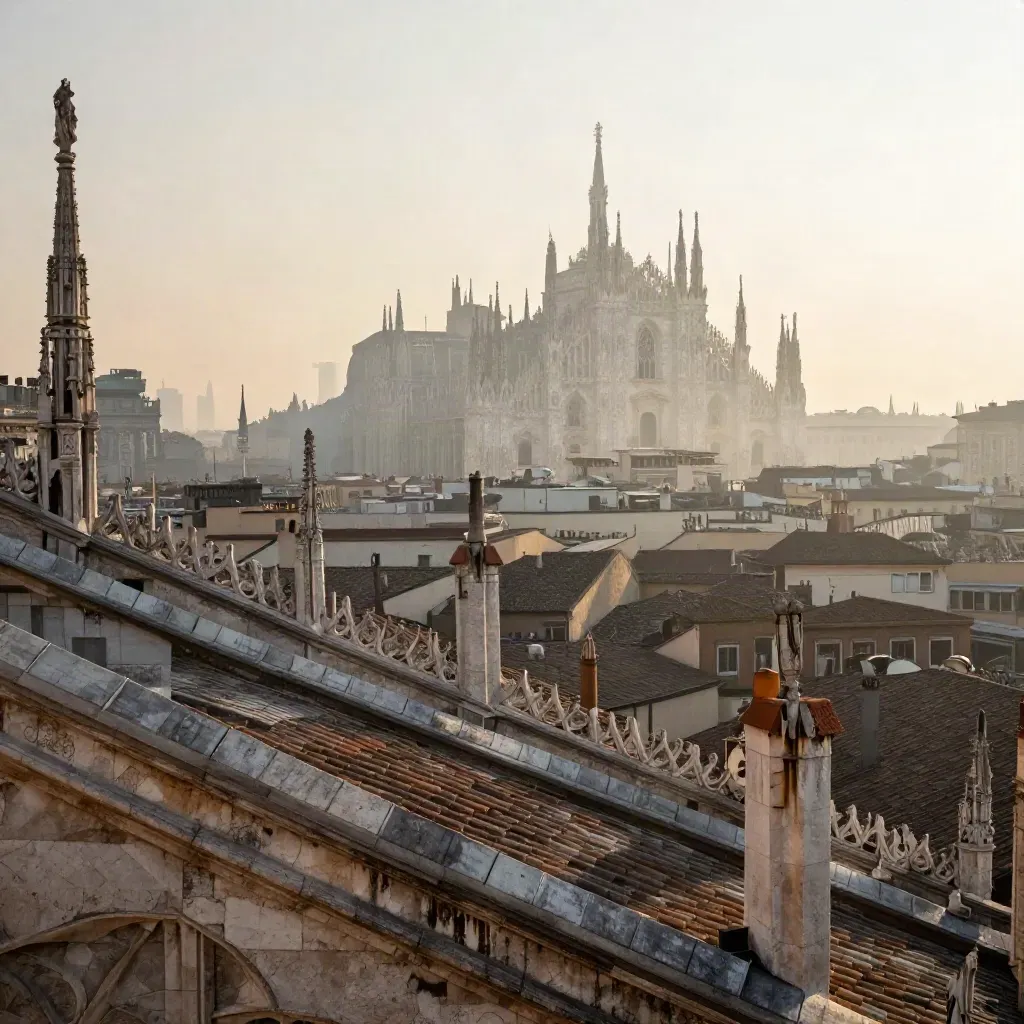 Panorama nebbioso di Milano all’alba con il Duomo alto e tetti chiari in primo piano.