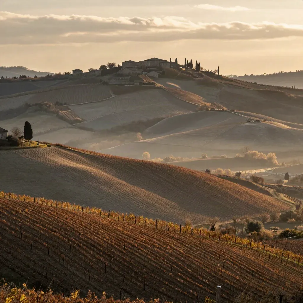 Colline delle Langhe al tramonto, vigneti nella foschia e borgo in alto per la copy.