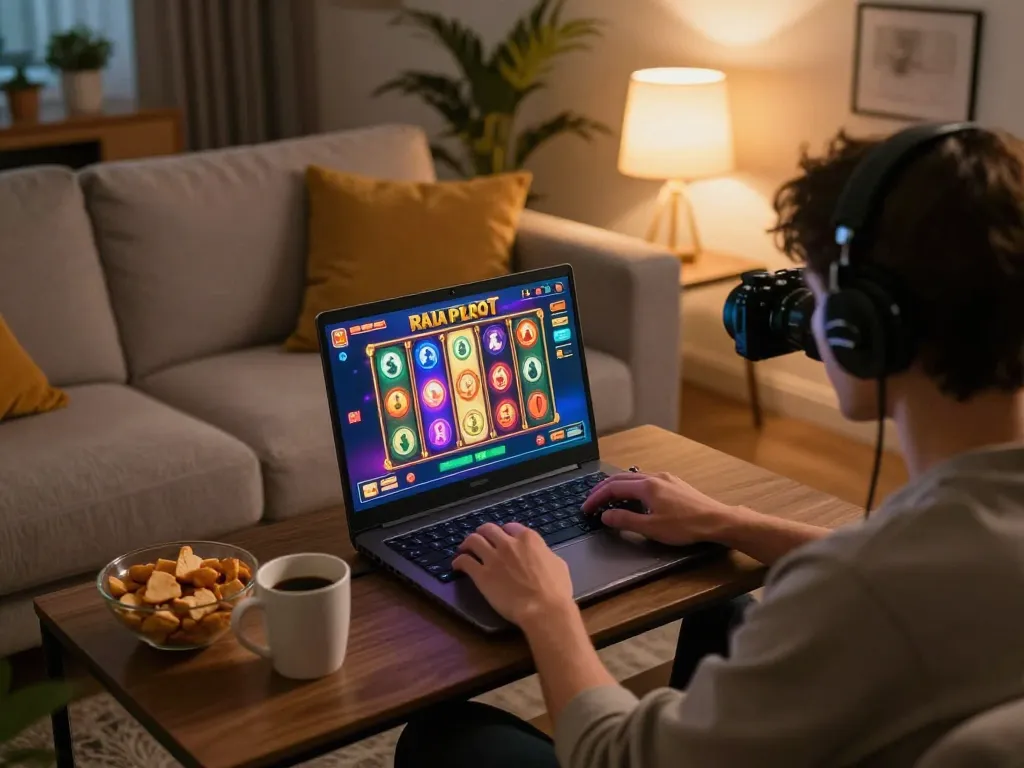 Memainkan raja slot di laptop di ruang tamu yang nyaman dengan pencahayaan ambient yang hangat