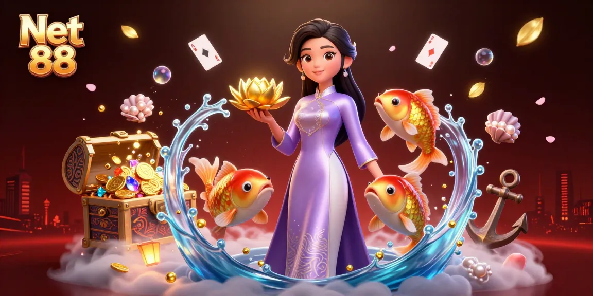 Experience thrills with Net 88 as Asian woman holds a golden lotus, surrounded by treasure and vibrant casino elements.