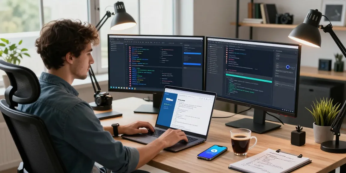 Developer utilizing Telegram web version on a sleek laptop in a modern desk setup, showcasing a vibrant tech workspace.