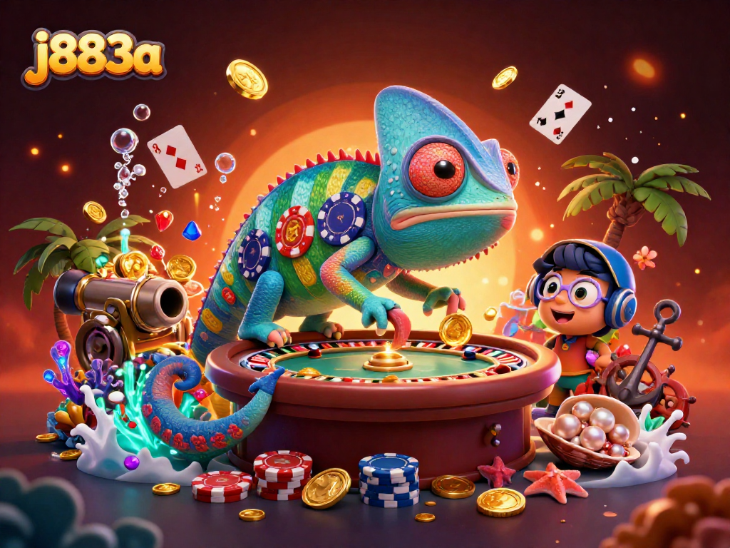 Experience thrilling games at j883a with a chameleon casino owner surrounded by riches and vibrant colors