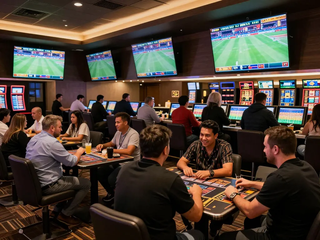 Patrons actively placing bets at 8kbet's stylish sports betting lounge, showcasing excitement and engagement