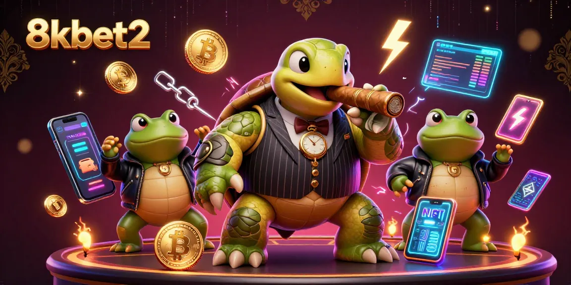 Join the action at 8kbet2 with a vibrant scene featuring a mobster turtle and crypto coins.