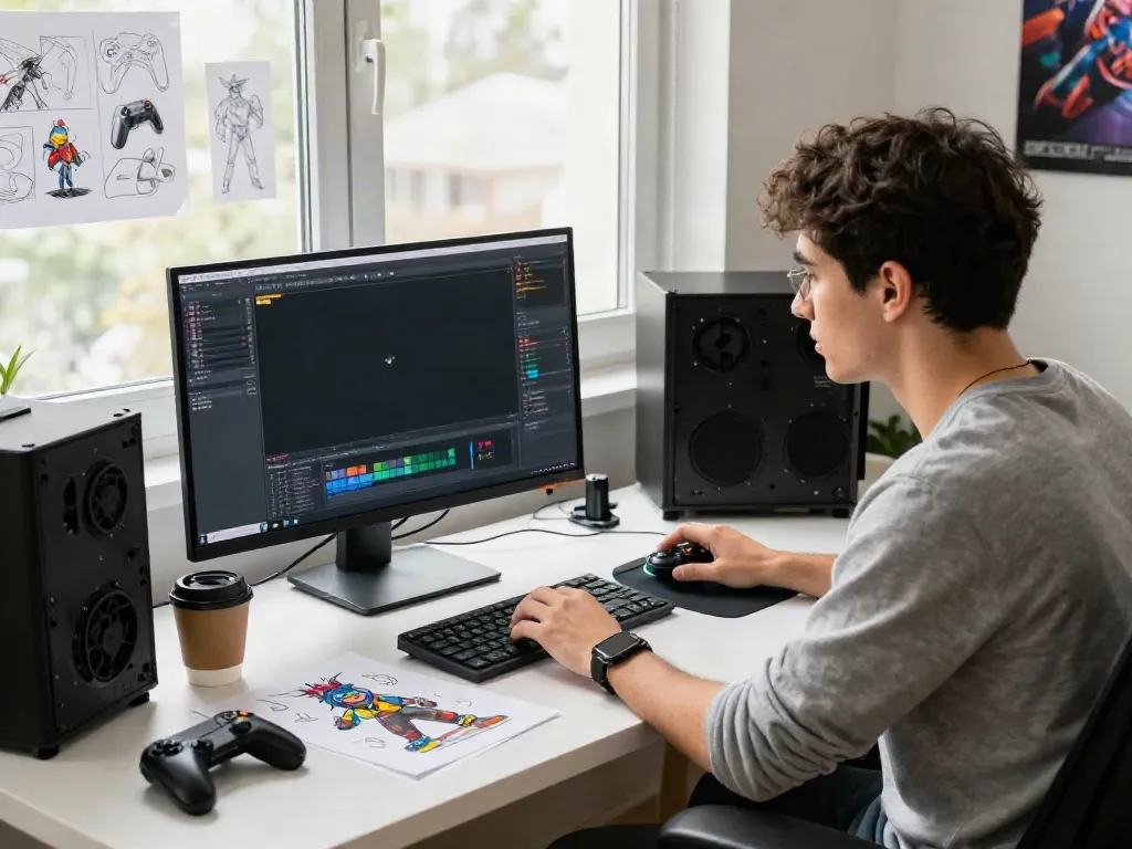 Creative workspace of a game designer illustrating the rokok88 link through visual storytelling and gaming technology.