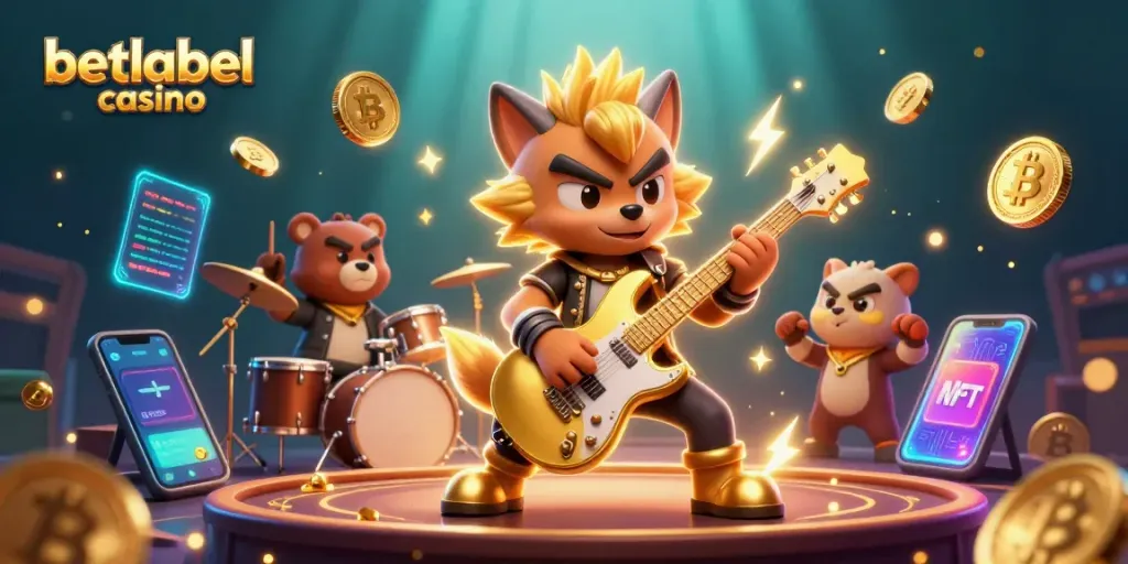 Rock star wolf shredding at betlabel casino with vibrant crypto elements sparking excitement.