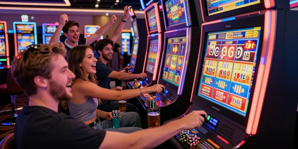 Excited group enjoying GGSoft slot games in a lively casino environment.