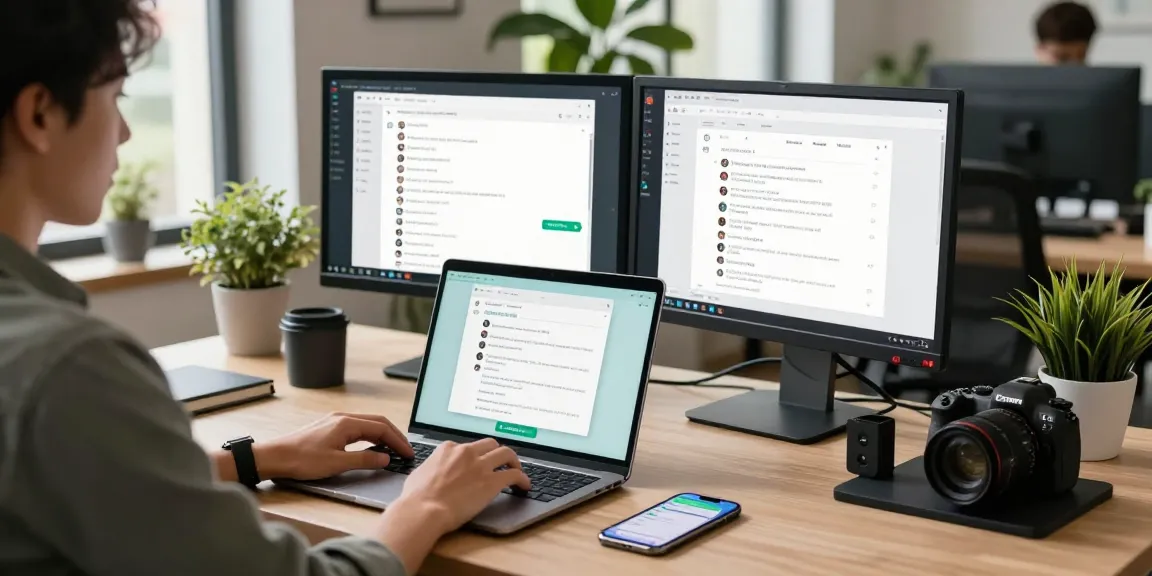 Engaging workspace using WhatsApp網頁版 on desktop with dual monitors and vibrant tech decor.