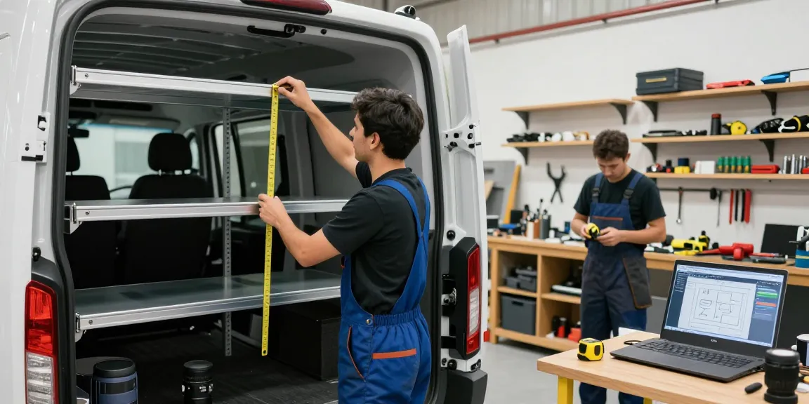 Allestimento furgoni prezzi: tecnici in officina personalizzano un furgone con scaffali e strumenti.