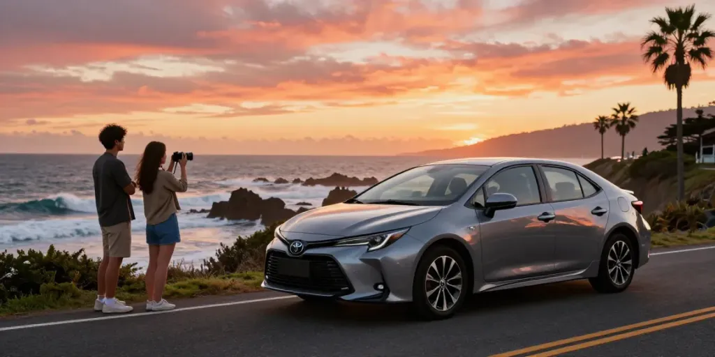 Vista di un'auto Toyota parcheggiata su una strada costiera al tramonto, simboleggiando il noleggio lungo termine Toyota.