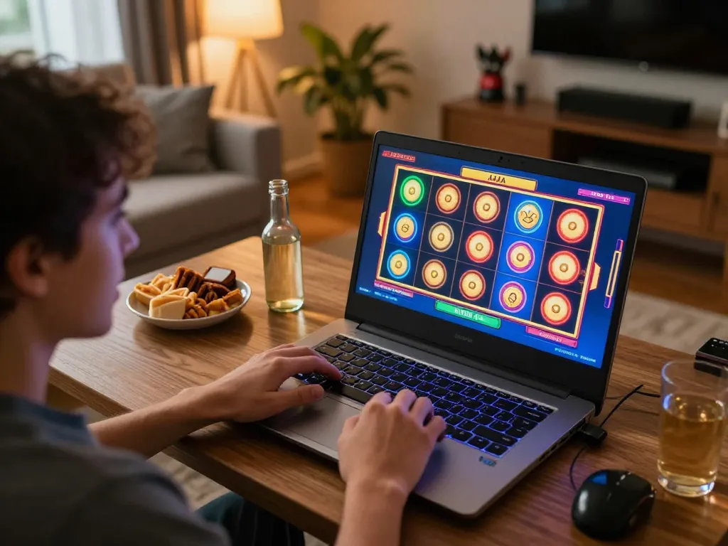 Playing raja slot on a laptop in a cozy home setting during an exciting gaming session.